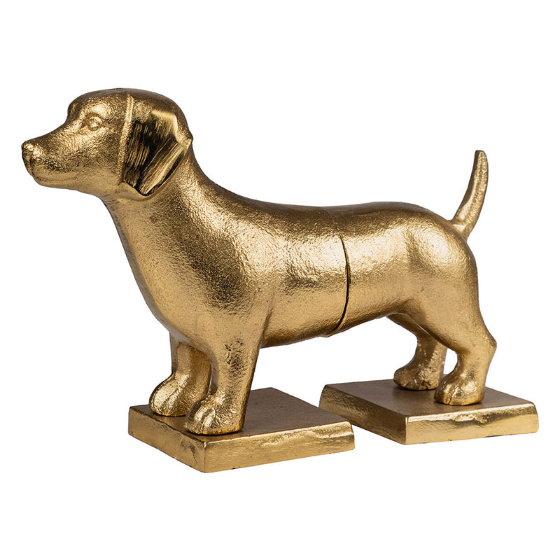 Bookend in design of a dog split in two parts at a side angle in a plain white background.