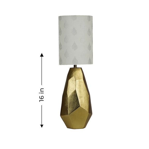 Golden color metallic textured table lamp with white lamp shade in a white background, showing product dimensions.