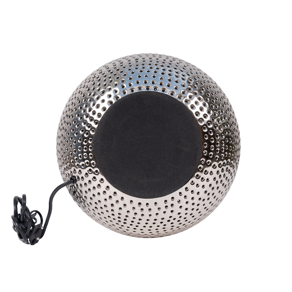 white background image of the base of a metallic handmade table lamp.