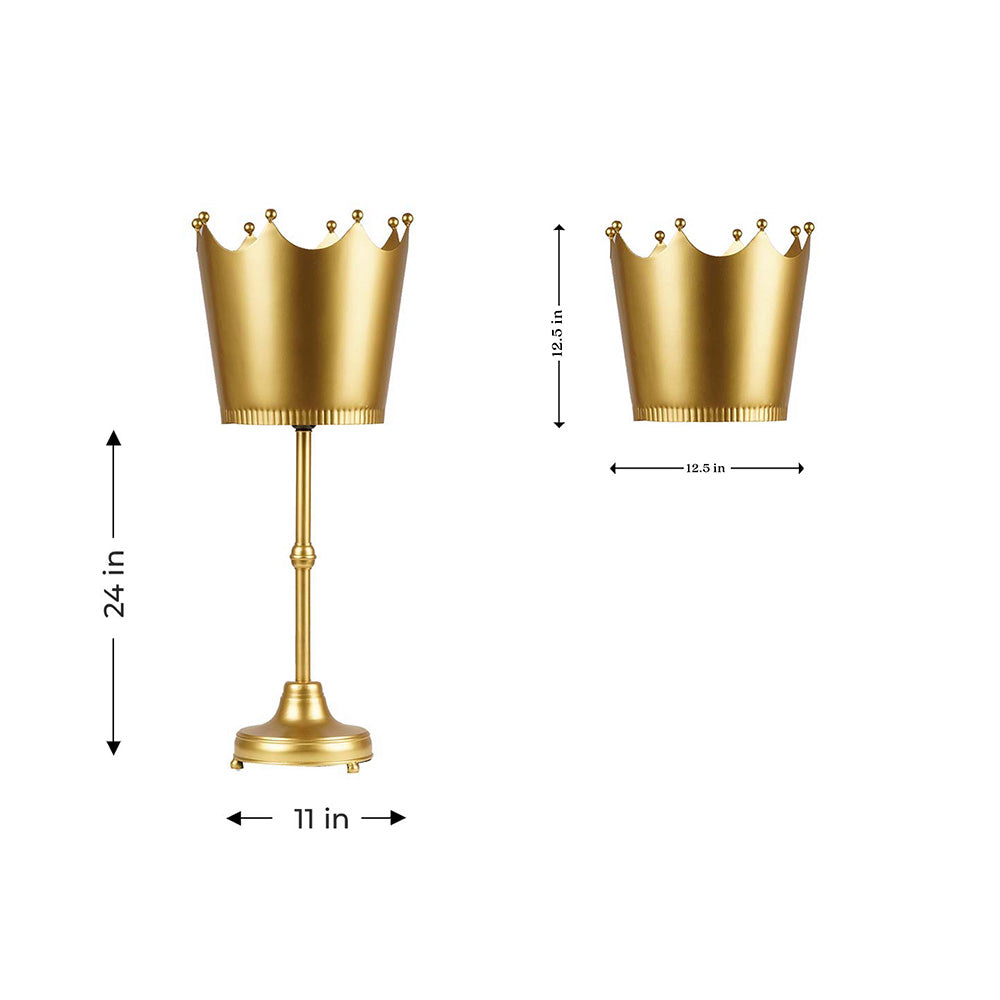 Imperial design golden metallic table lamp with a crown shaped shade on a plain background with dimensions.