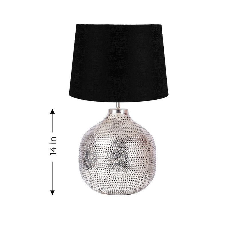 Large handmade metallic lamp in a plain background with dimensions.