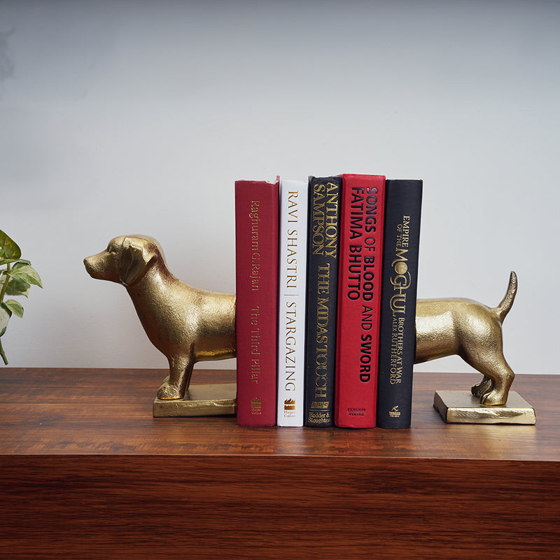 Bookend in design of a dog split in two parts with 5 books in between.