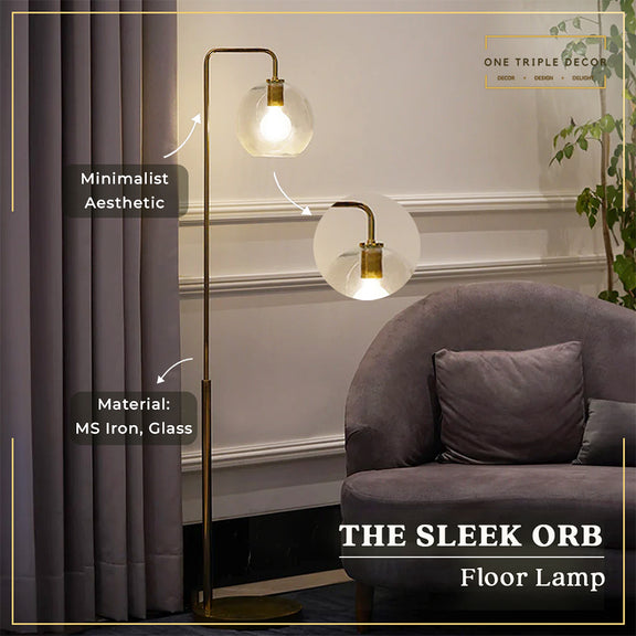 A golden sleek metallic floor lamp placed in a living room and product details and features shown by use of graphic elements.