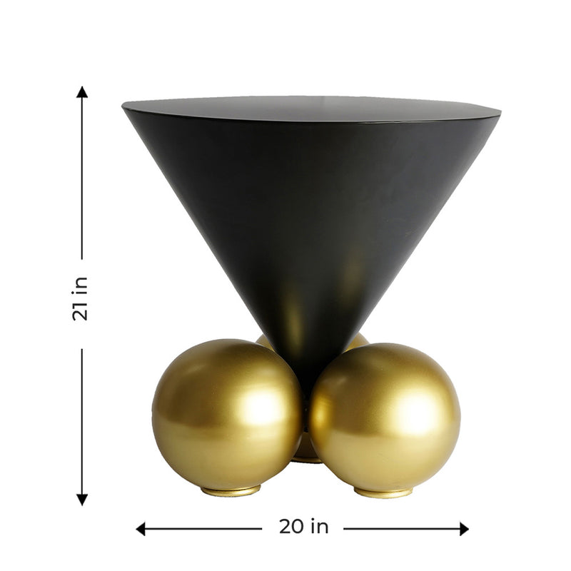 Modern design black inverted cone table with 3 spherical golden balls on the base. in a plain background with dimensions.