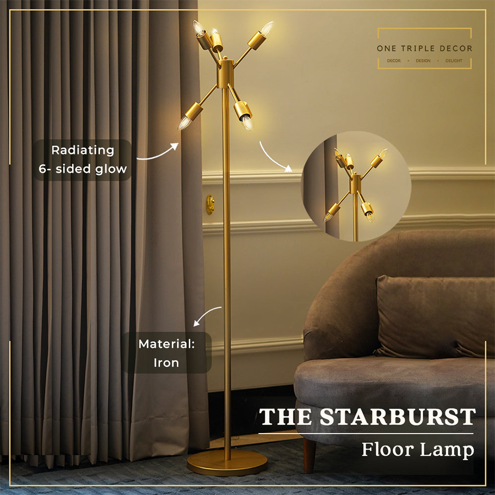 A golden colored modern floor lamp with 6 bulbs is placed in a living room and graphic elements are used to highlight the product features.