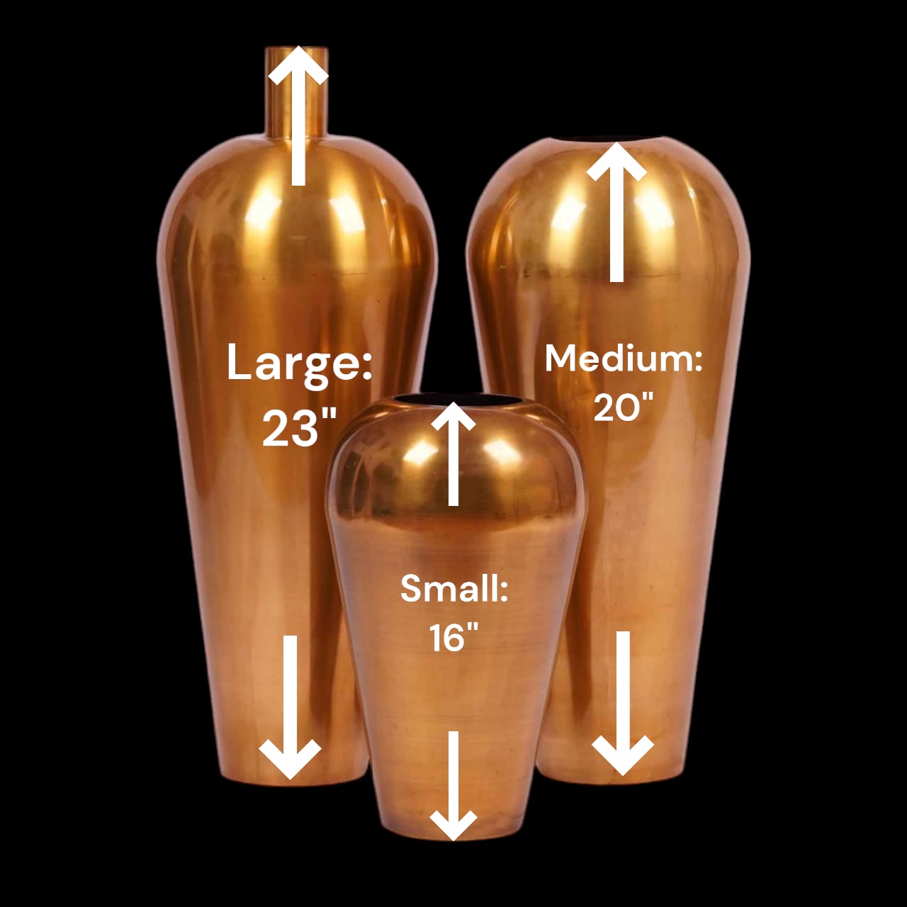 Three tall golden metallic vases in a black background with dimensions of the product mentioned.